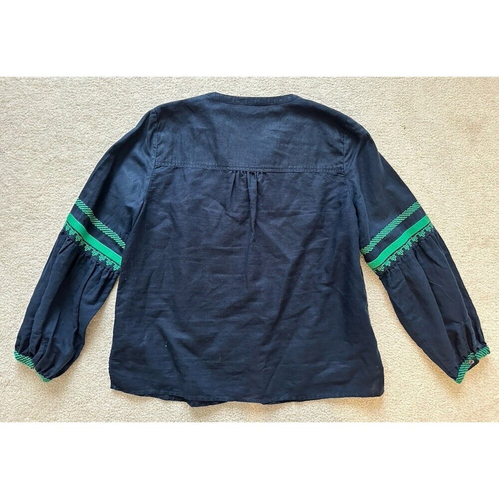 J. Crew Women’s Embroidered Boho Linen & Cotton Navy & Green Top Blouse Size 10 - Picture 11 of 14